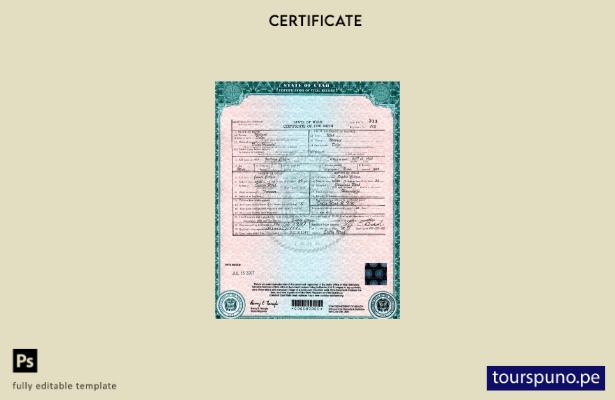 Plantilla de certificado de nacimiento del estado de Utah lista para imprimir en